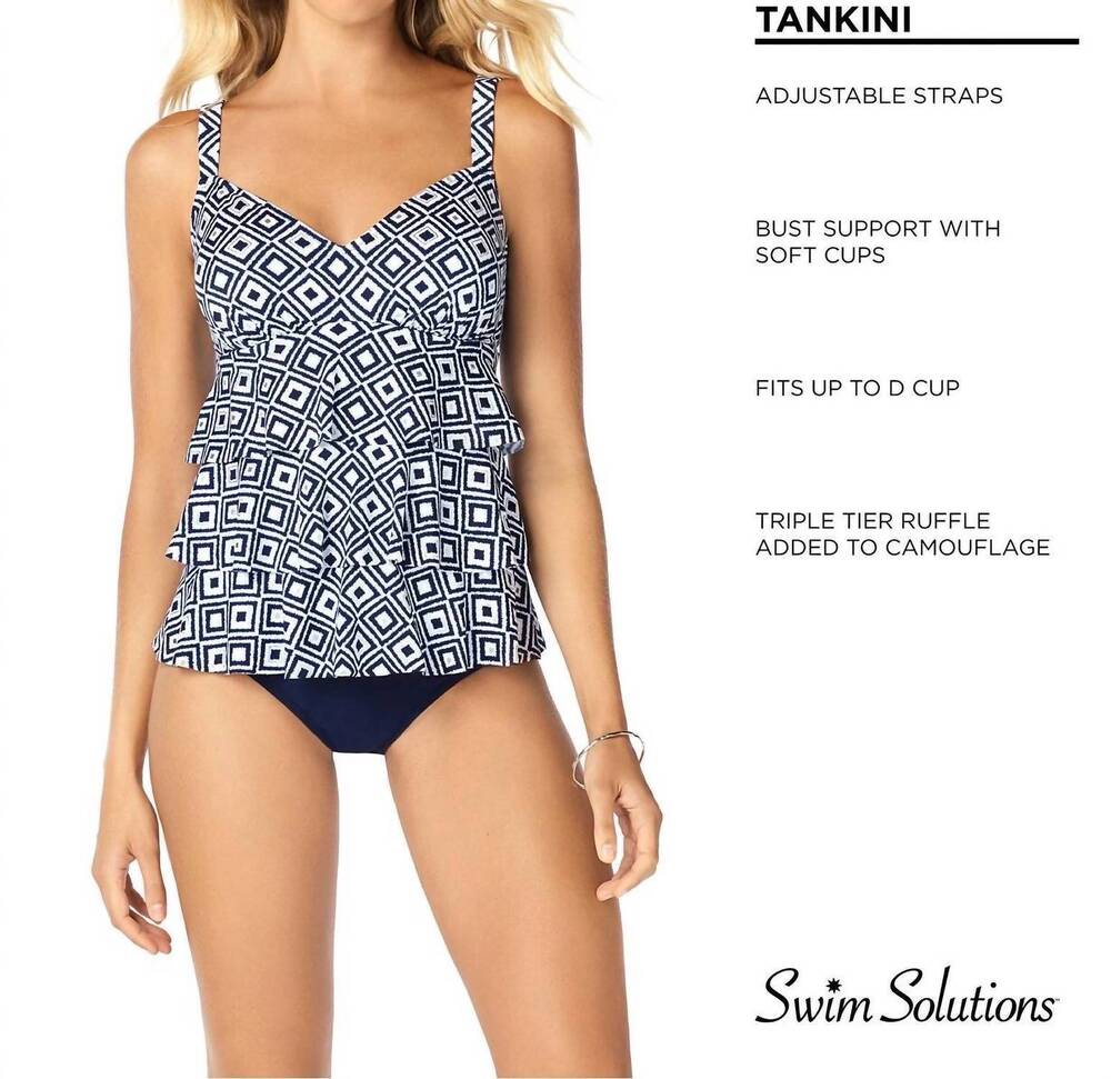 NEW SWIM SOLUTIONS double play metallic print tiered tankini top in navy/white - Picture 2 of 2